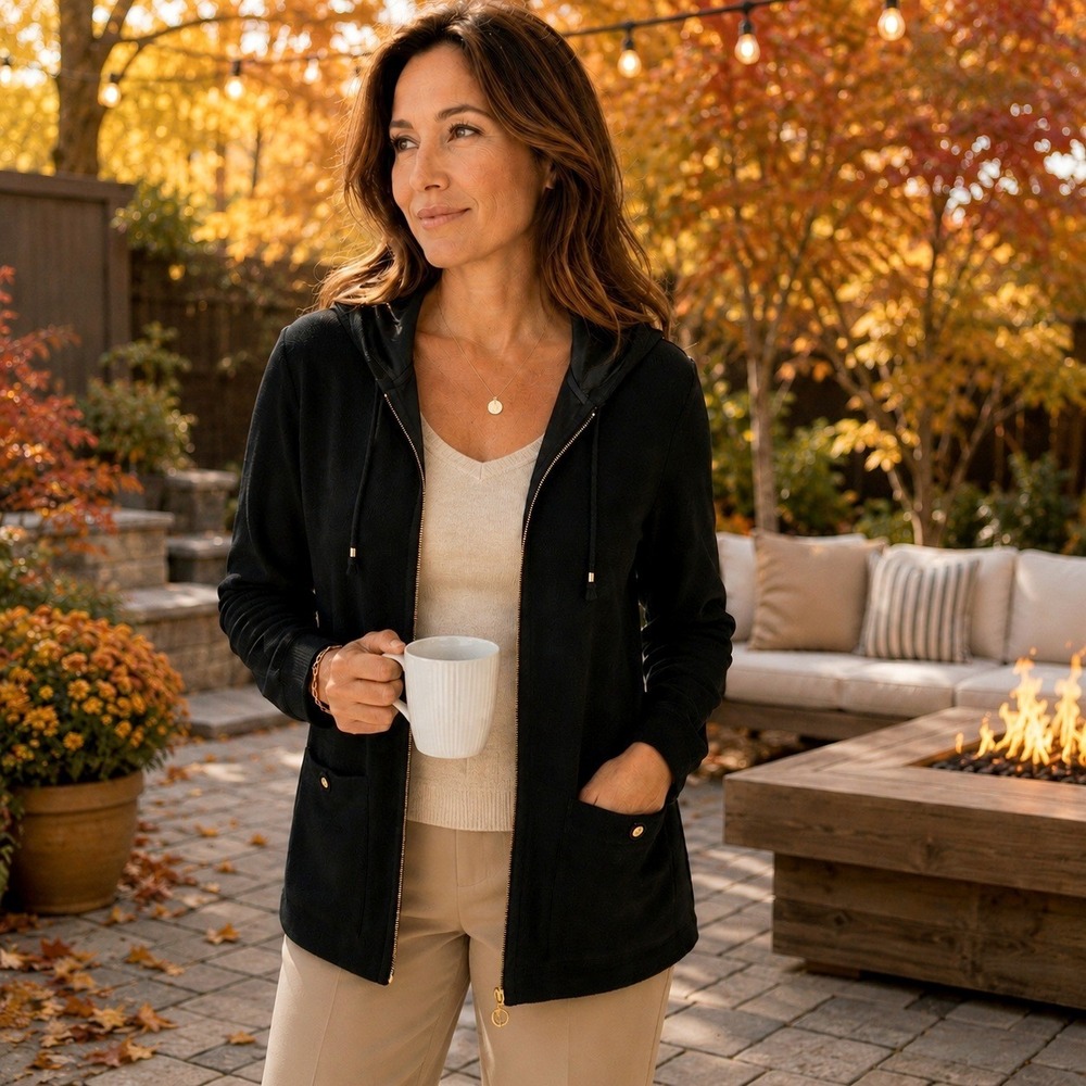 St. John Sport Black Hooded Knit Jacket Women's Petite Satin Hood Gold Zip USA
